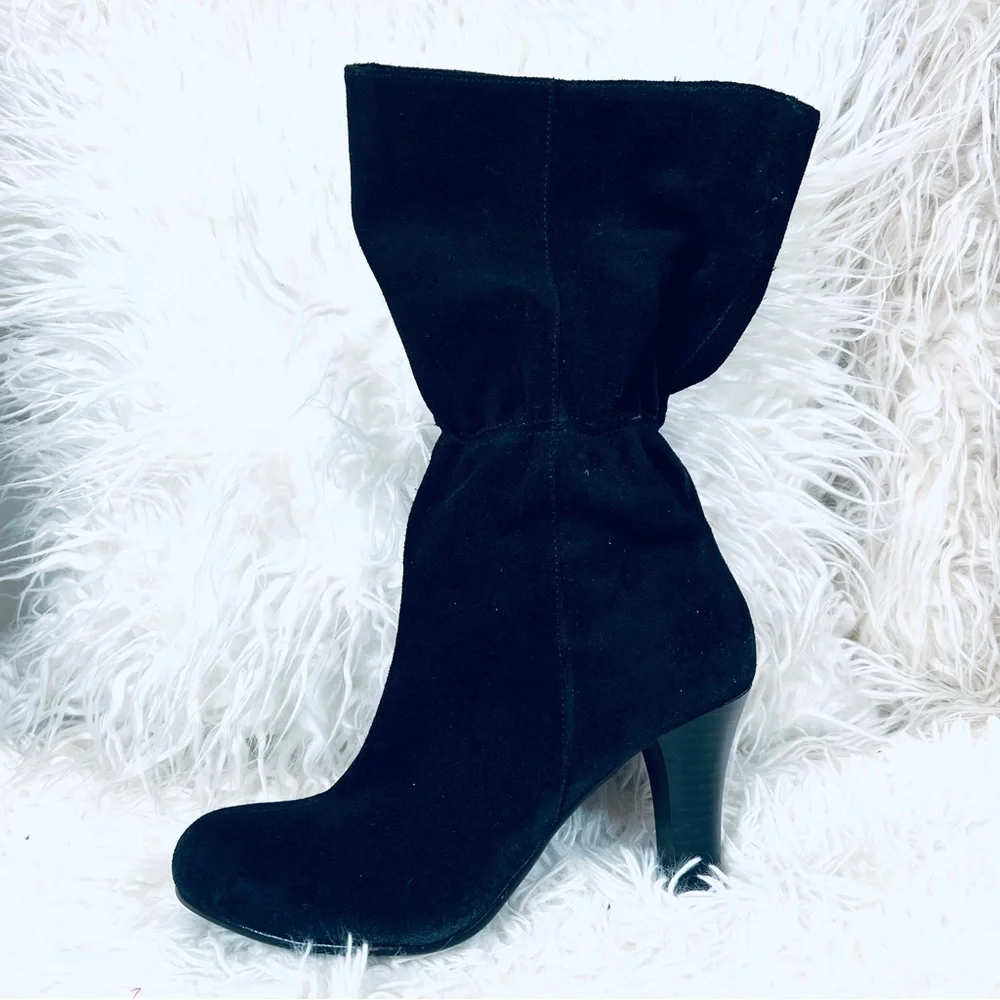 VINTAGE Rocker CHIC sz 7M Black Suede Leather Gathered High Heeled Boots